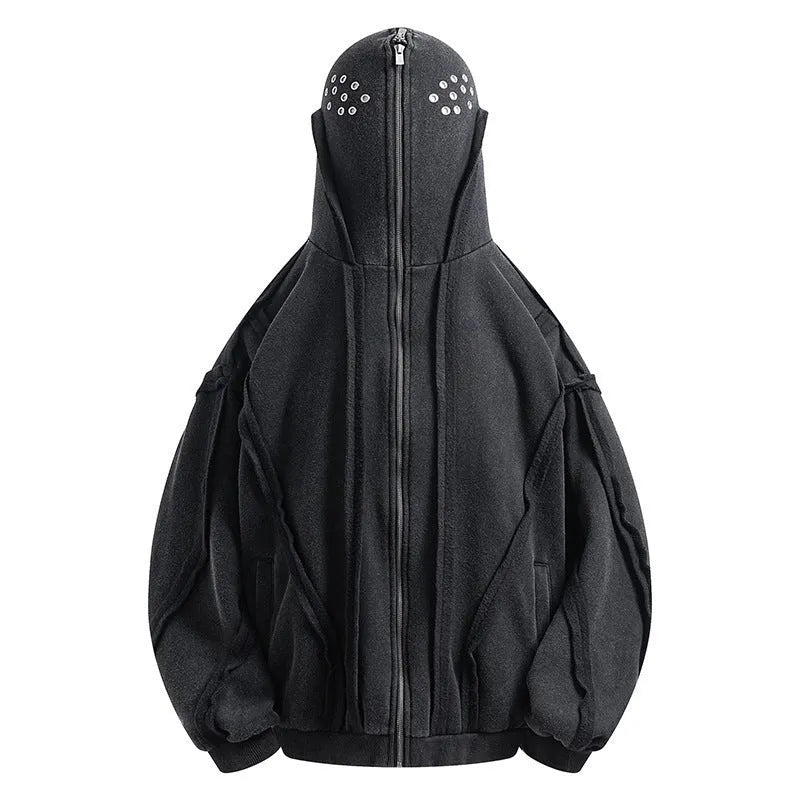 Black padded cotton cardigan coat with zip front and abstract pattern