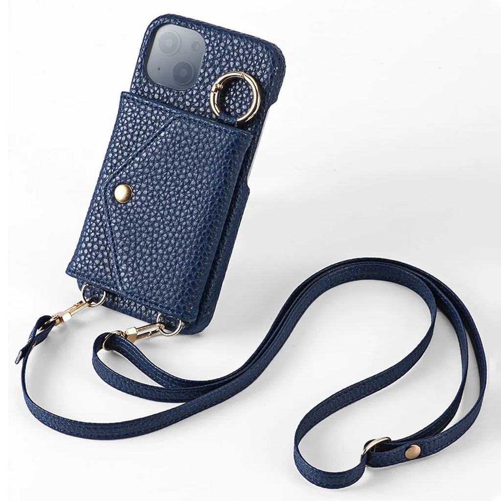 Anti-degaussing wallet phone case for Apple iPhone with bracket and crossbody bag in black imitation leather