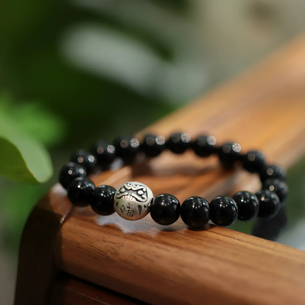 Black agate bracelet with 10mm beads on sterling silver in Chinese style
