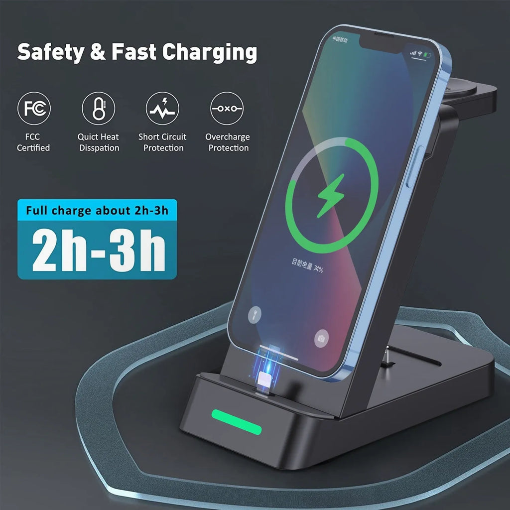 Black and white 3-in-1 wireless charging station showing phone, AirPods and iWatch charging simultaneously