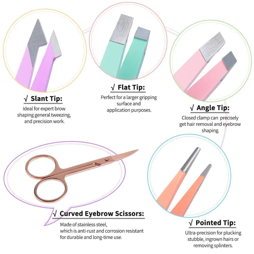 Six-piece stainless steel eyebrow tweezers set with curved scissors and leather case