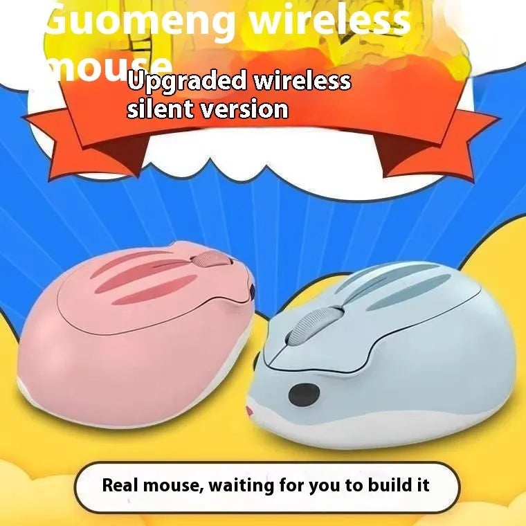 Hamster Wireless Mute Mouse in grey, pink, or yellow colour showing compact design next to USB receiver.