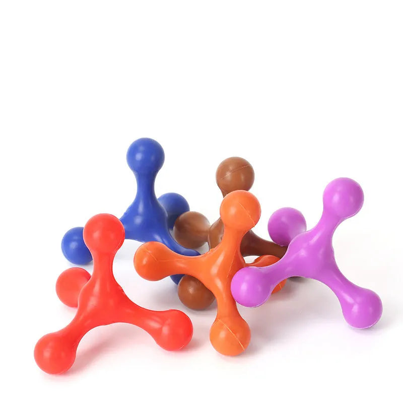 Blue three-legged silicone bone chew toy for small and medium dogs on a plain background.