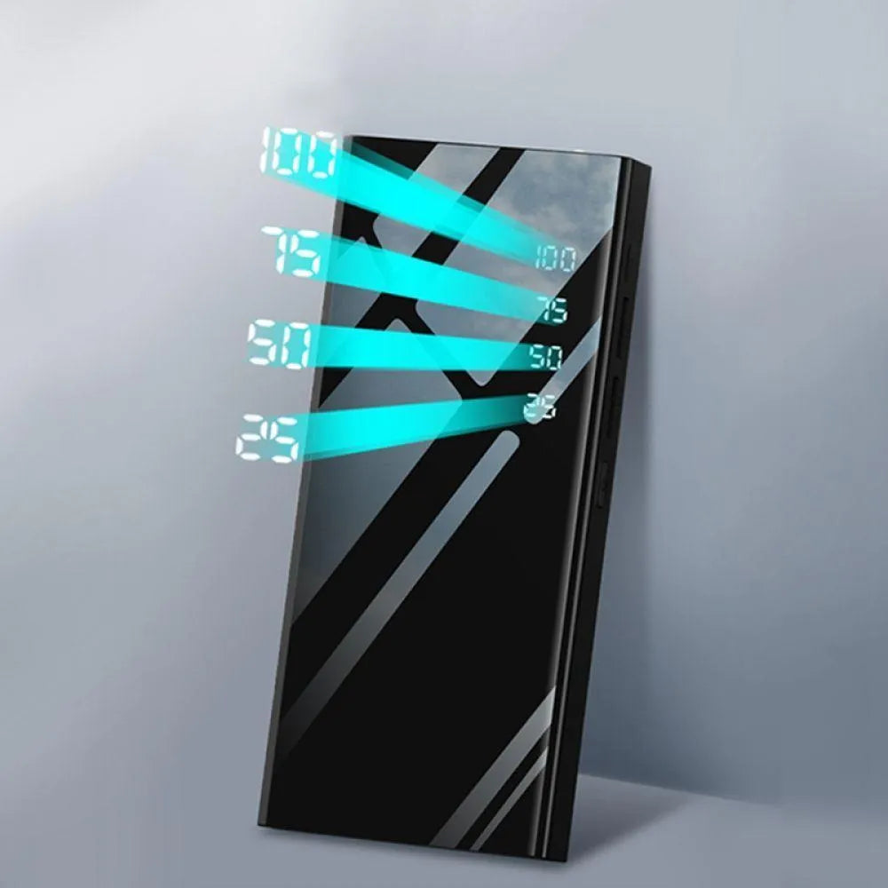 Black 20000mAh power bank with LCD percentage display showing dual USB output ports
