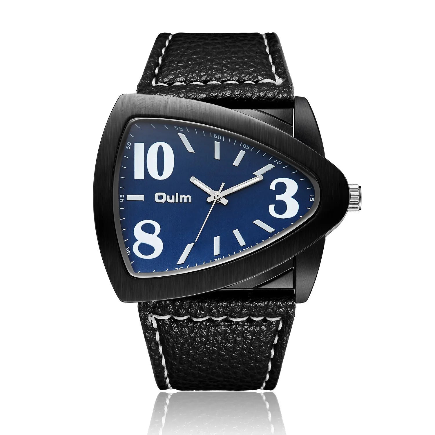 Men's slim casual quartz wristwatch with triangle belt in brown, black, or blue colour.