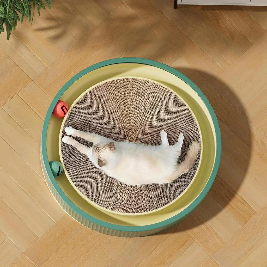 Large circular cat scratching board with replaceable cardboard centre and integrated ball toys