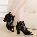 Women's black lace gladiator sandals with square heel, zip closure and peep toe