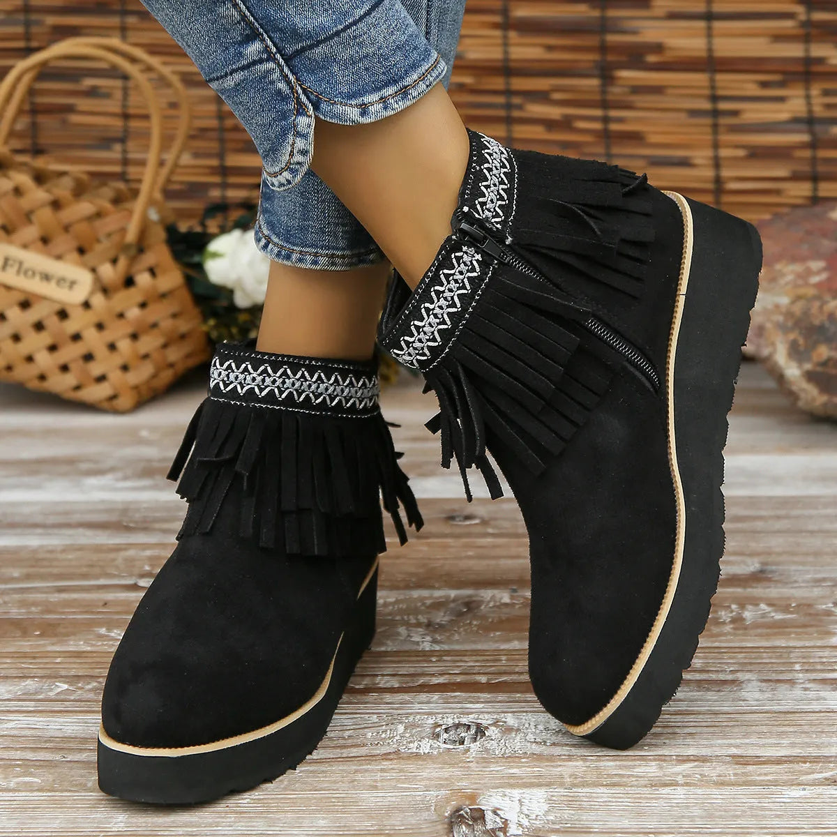 Women's wedge ankle boots in suede with side zipper and thick rubber sole