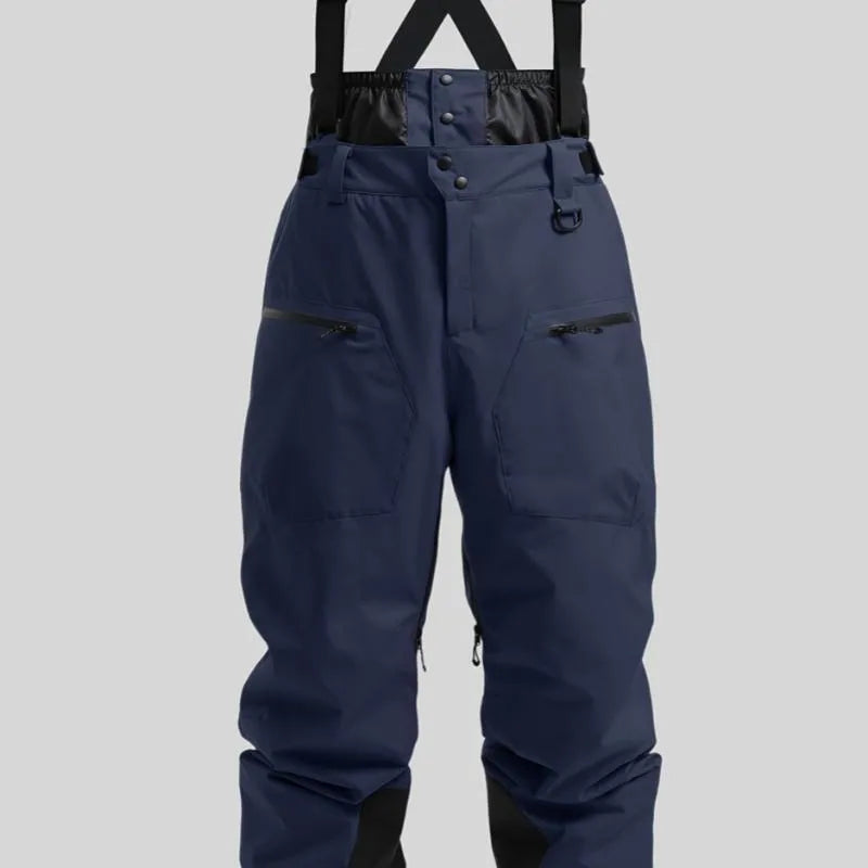 Men's black waterproof ski trousers with a thickened strap on flame-retardant linen fabric.