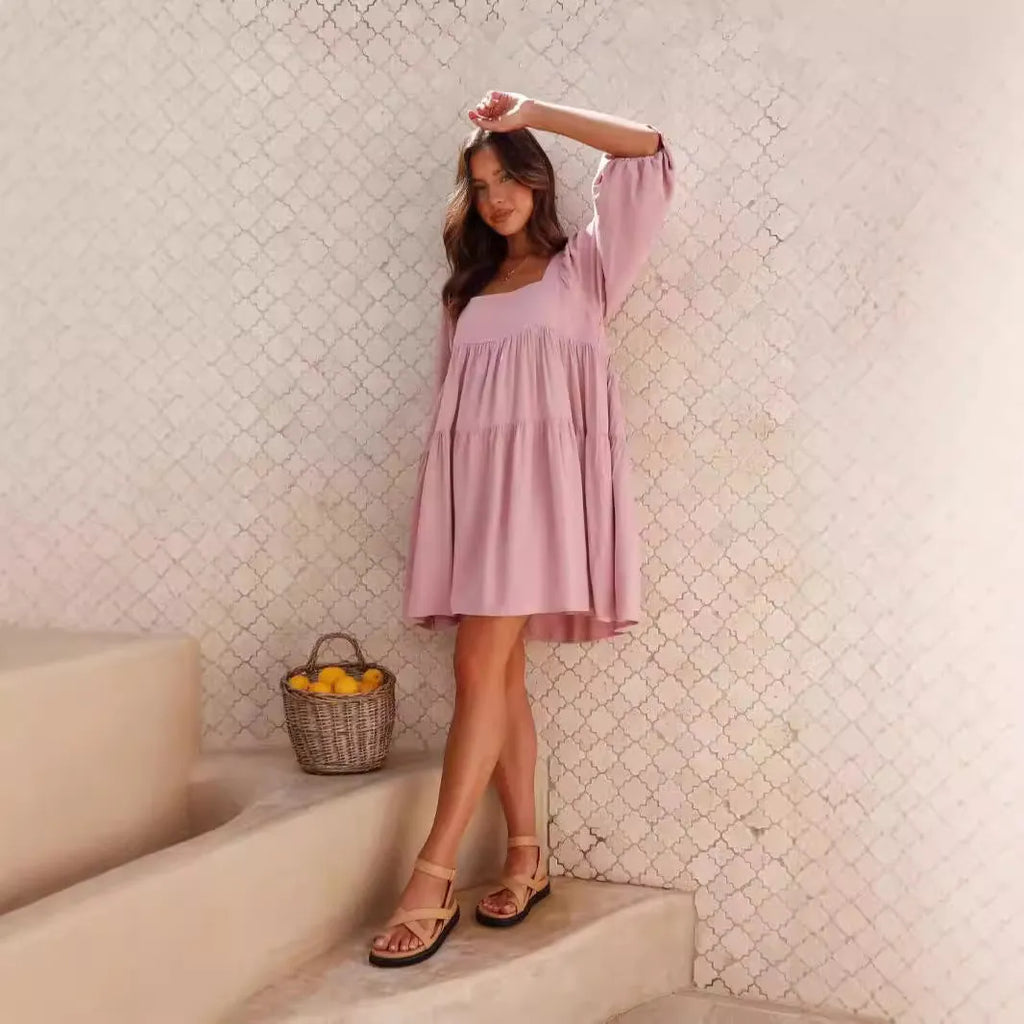 Children's backless dress with square collar and puff sleeves in solid colour