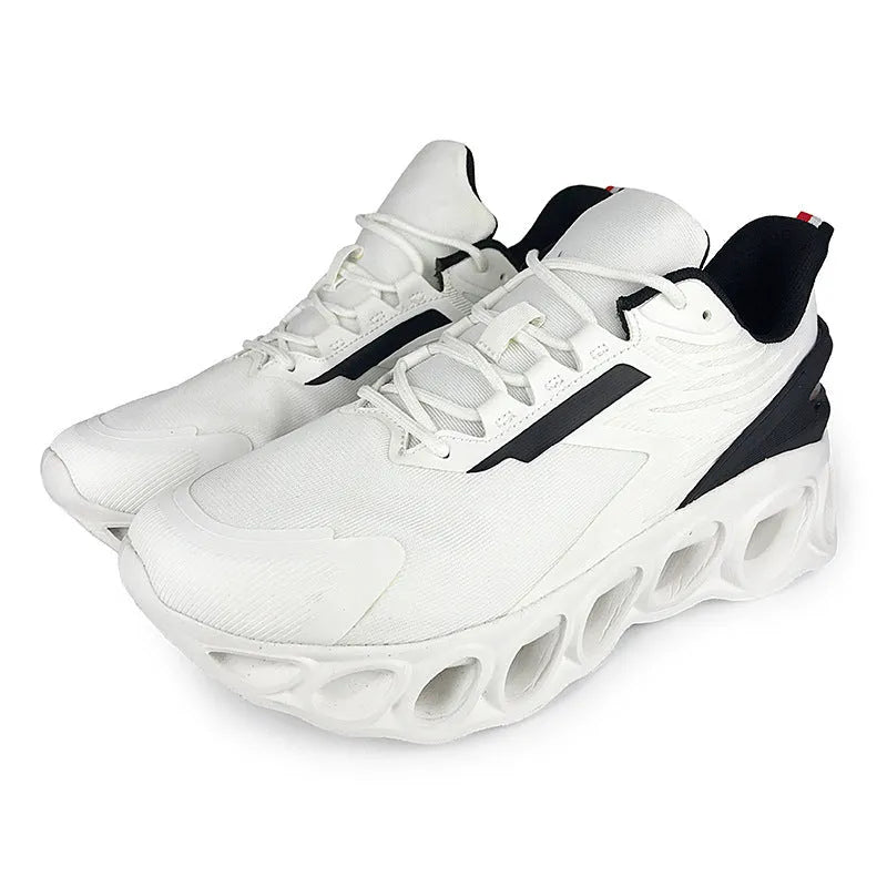 Men's low-top black mesh casual sports shoes with white laces and a light EVA sole.