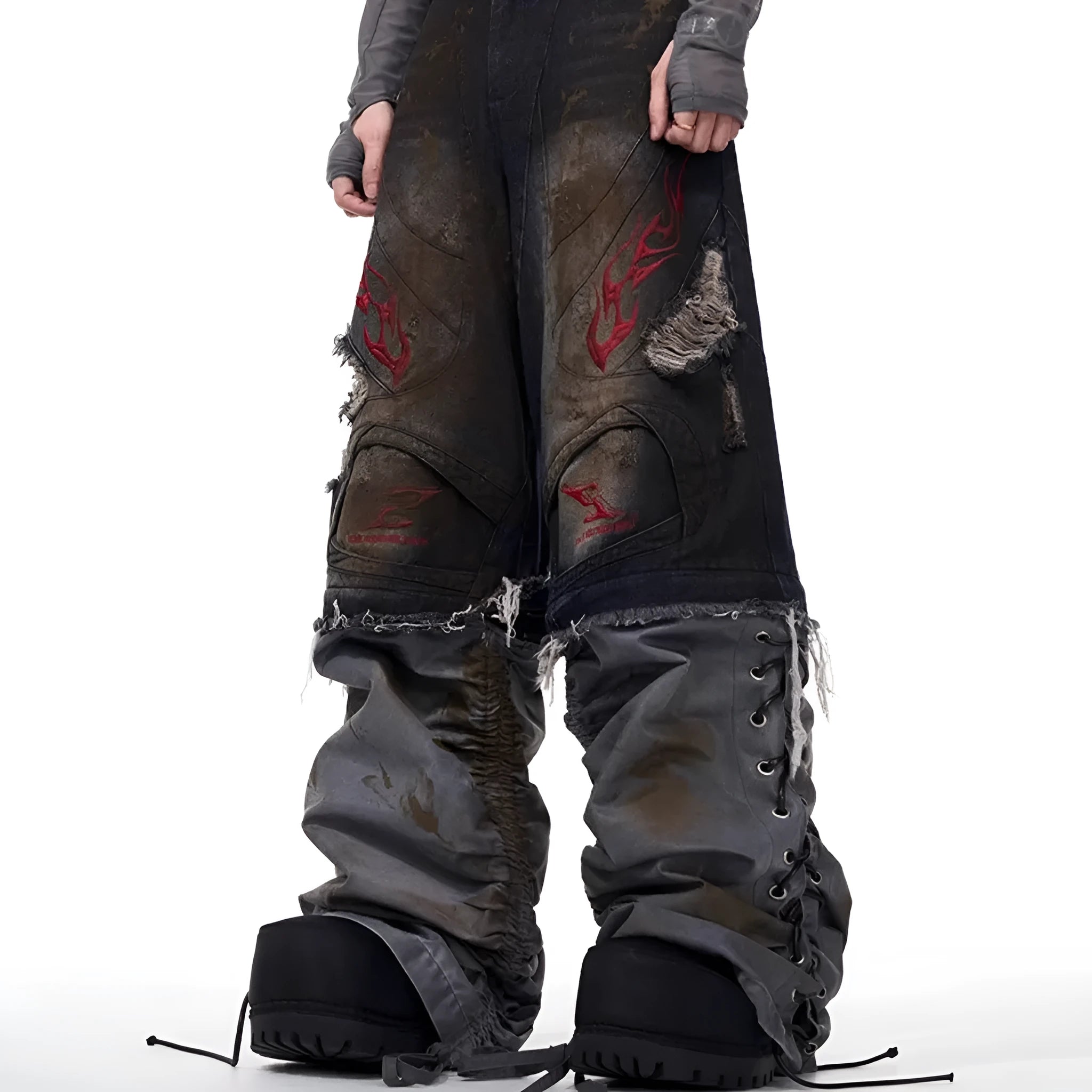 Man wearing retro-style wide-leg denim jeans with detachable lower trouser legs.