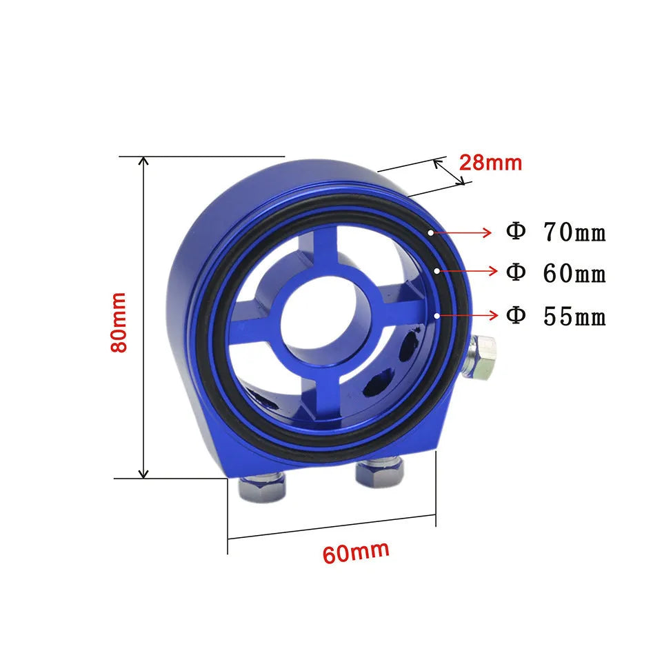 Universal aluminium alloy oil pressure gauge adapter in red, blue, black, gold, and silver colour options.