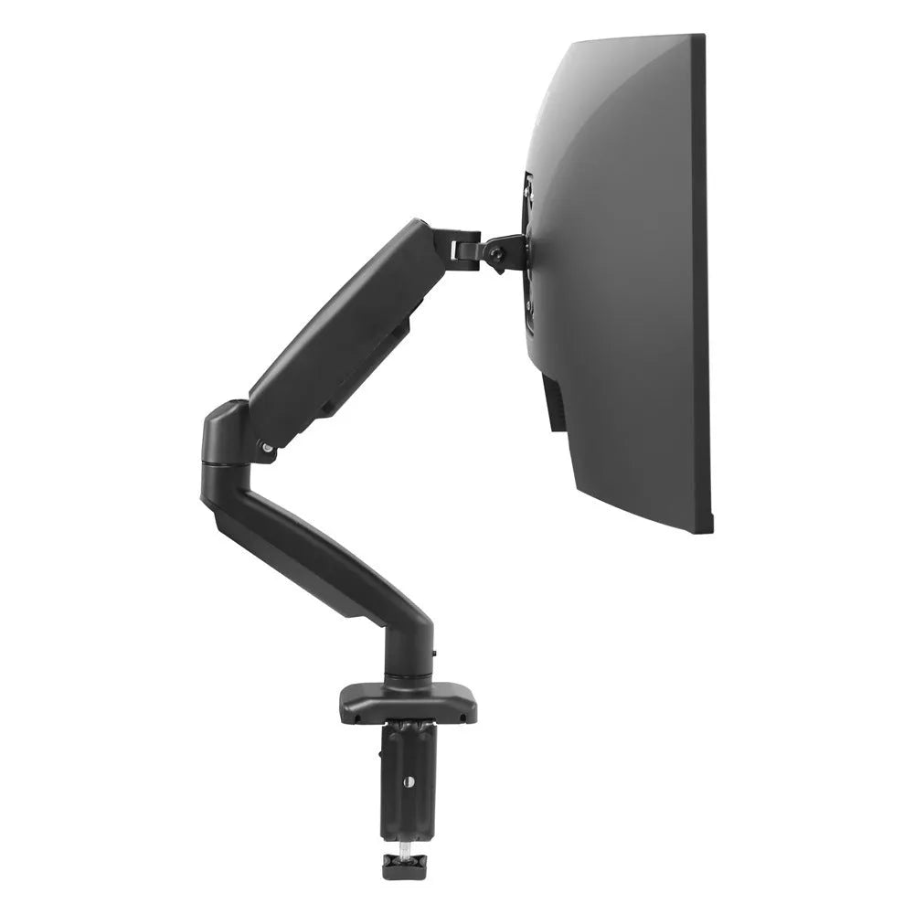 Black rotating telescopic LCD screen bracket elevated on desk with adjustable height and tilt