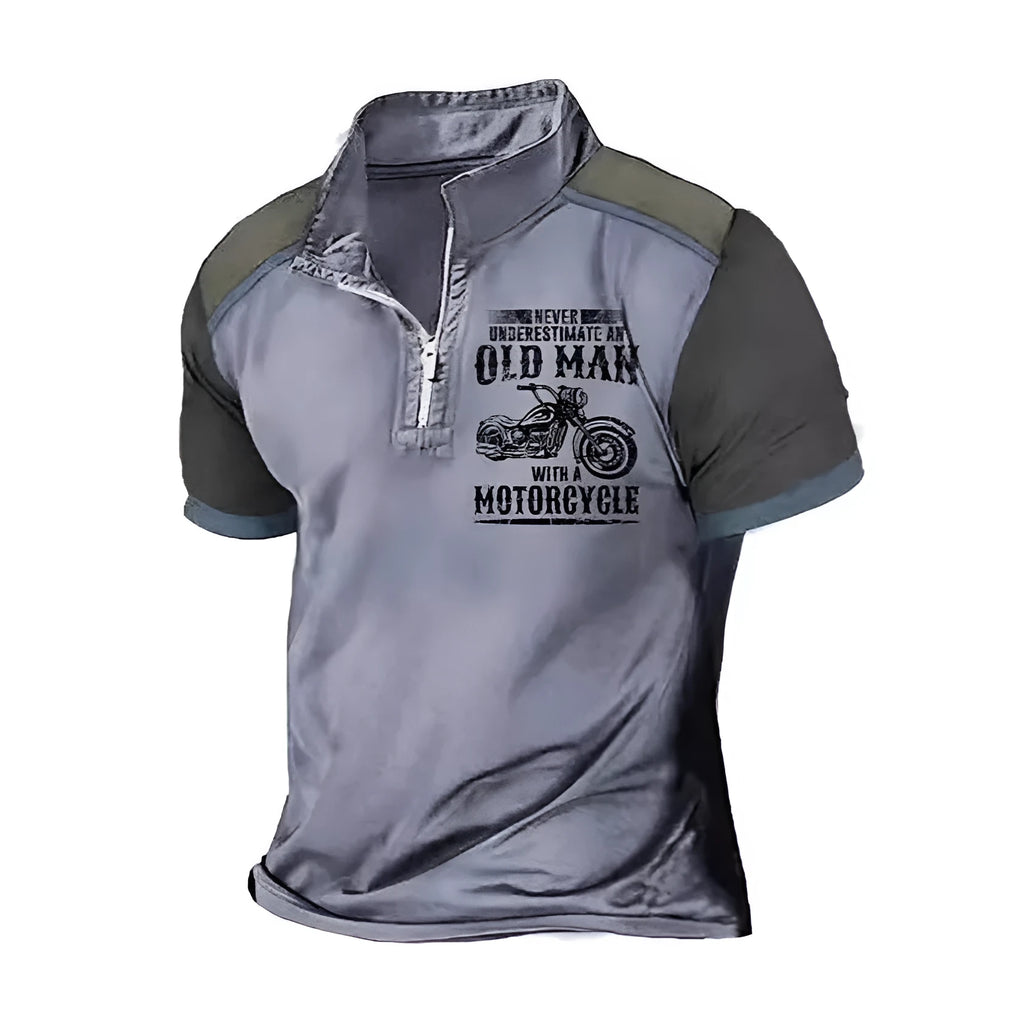 Men's casual polo shirt with lapel collar, digital letter printing, and zipper decorations on short sleeves.