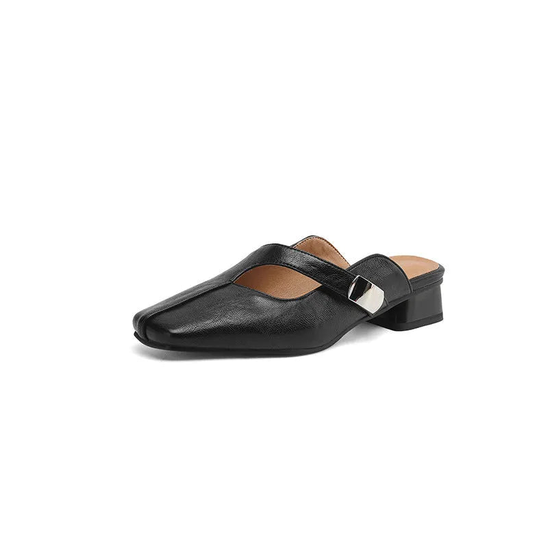 British style square toe leisure slippers in black, beige, and silver colours with low heel design