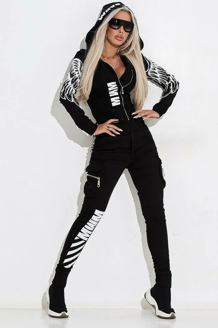 Women's black casual suit with wings printing design featuring hooded zipper jacket and matching trousers