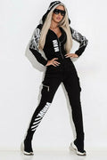 Women's black casual suit with wings printing design featuring hooded zipper jacket and matching trousers