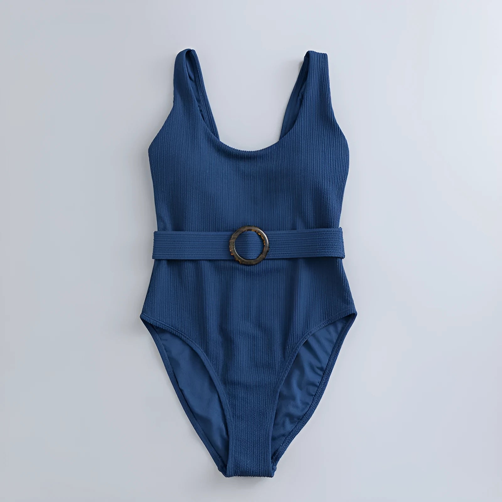 Navy blue women's one-piece triangle swimsuit with removable chest pads for swimming