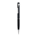 Black pen-shaped audio recorder with zinc alloy body, shown next to its included headset and data cable.