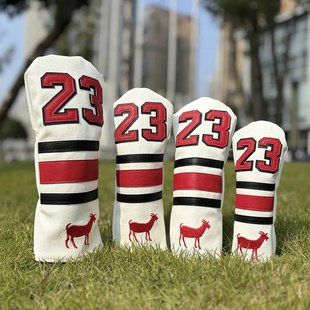 Ram golf club sleeve set showing four PU protectors for wooden pole clubs including chicken drumstick fairway design and square putter cover