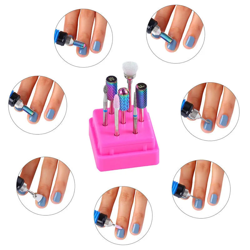 Set of seven tungsten steel nail drill polishing heads and brush in a transparent storage case.