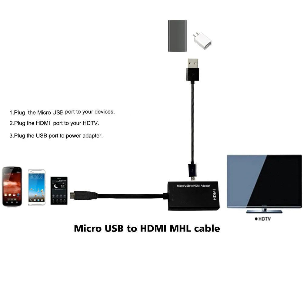 Black MHL micro USB to HDMI adapter cable, 1 metre long, for phone to TV screen mirroring