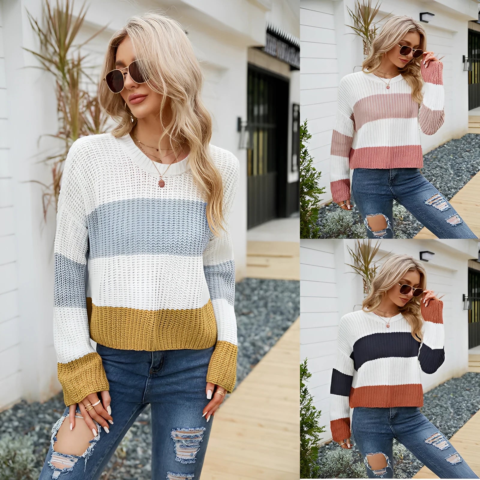 Women's short-length loose striped acrylic pullover sweater on a hanger.