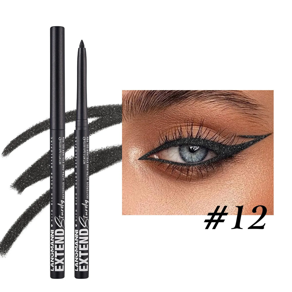 12 colourful gel eyeliner pencils showing matte glitter metallic and pearl finishes