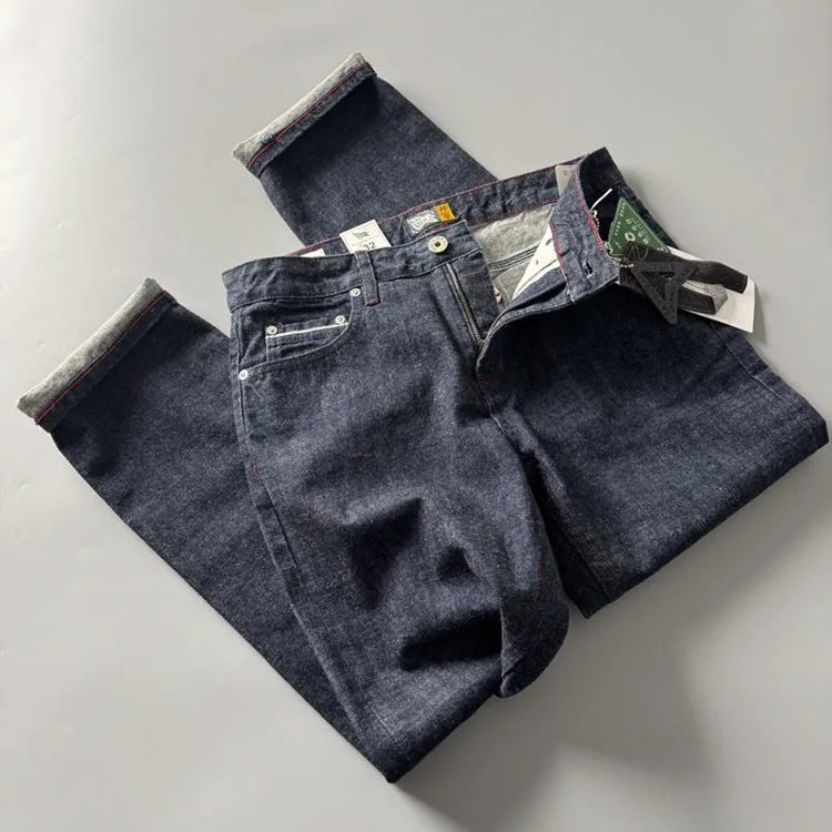 Men's primary colour straight leg denim jeans with a mid waist fit on a neutral background.