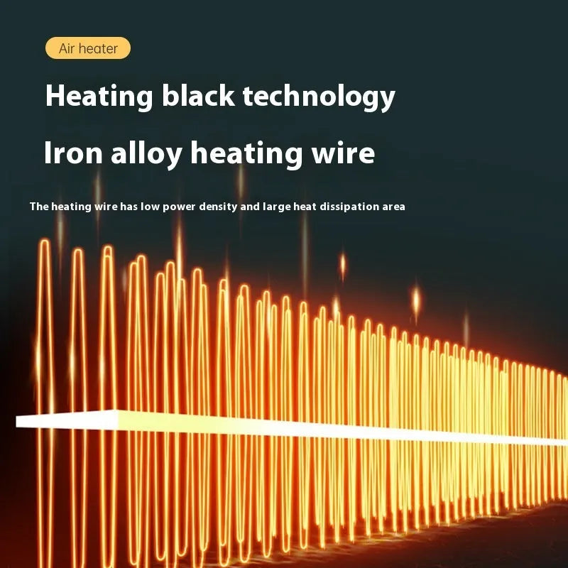 Small white desktop electric heater with control dial on a wooden desk.