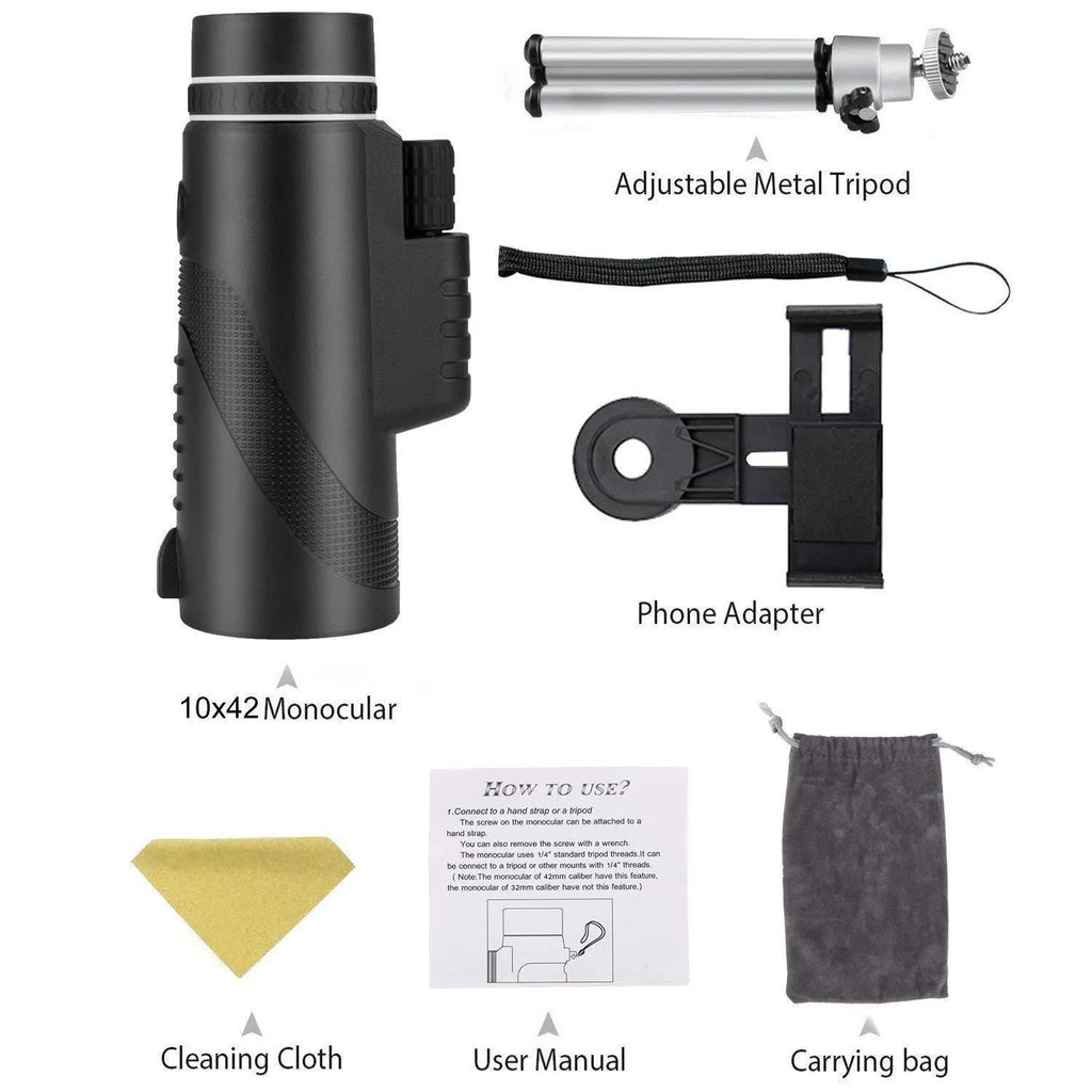 Black monocular telescope with 60mm lens for smartphones showing 40x magnification and waterproof design