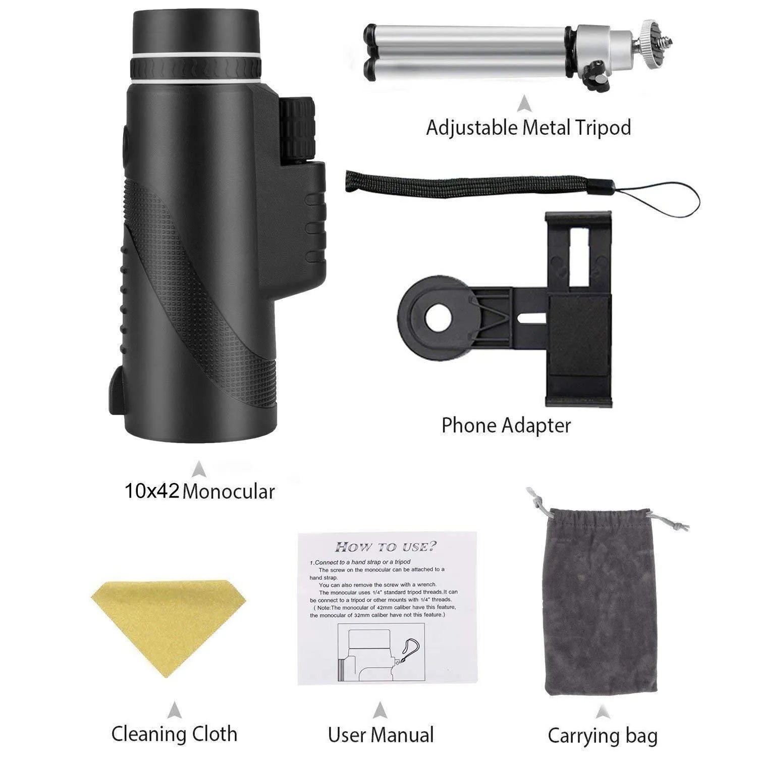 Black monocular telescope with 60mm lens for smartphones showing 40x magnification and waterproof design