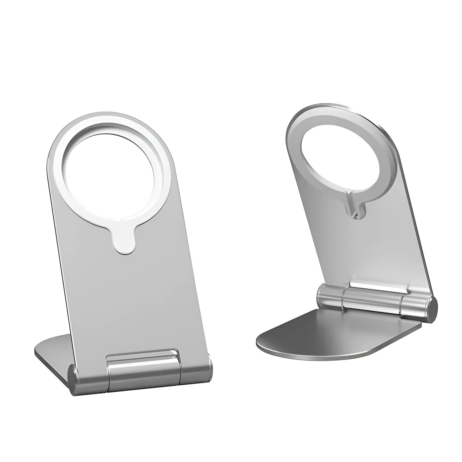 Silver portable magnetic bracket for iPhone 12 showing vertical angle adjustment mechanism