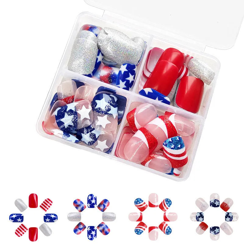 XINGX false nail set with red, white, blue American star pattern in short European Square shape.