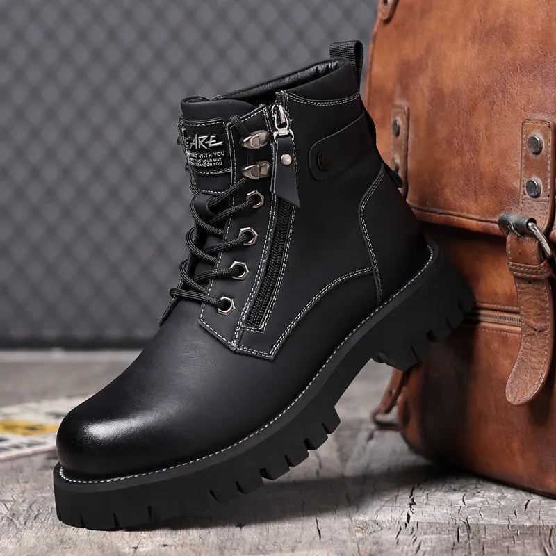 Men's brown leather high-top boot with side zipper and round toe on a rubber sole.