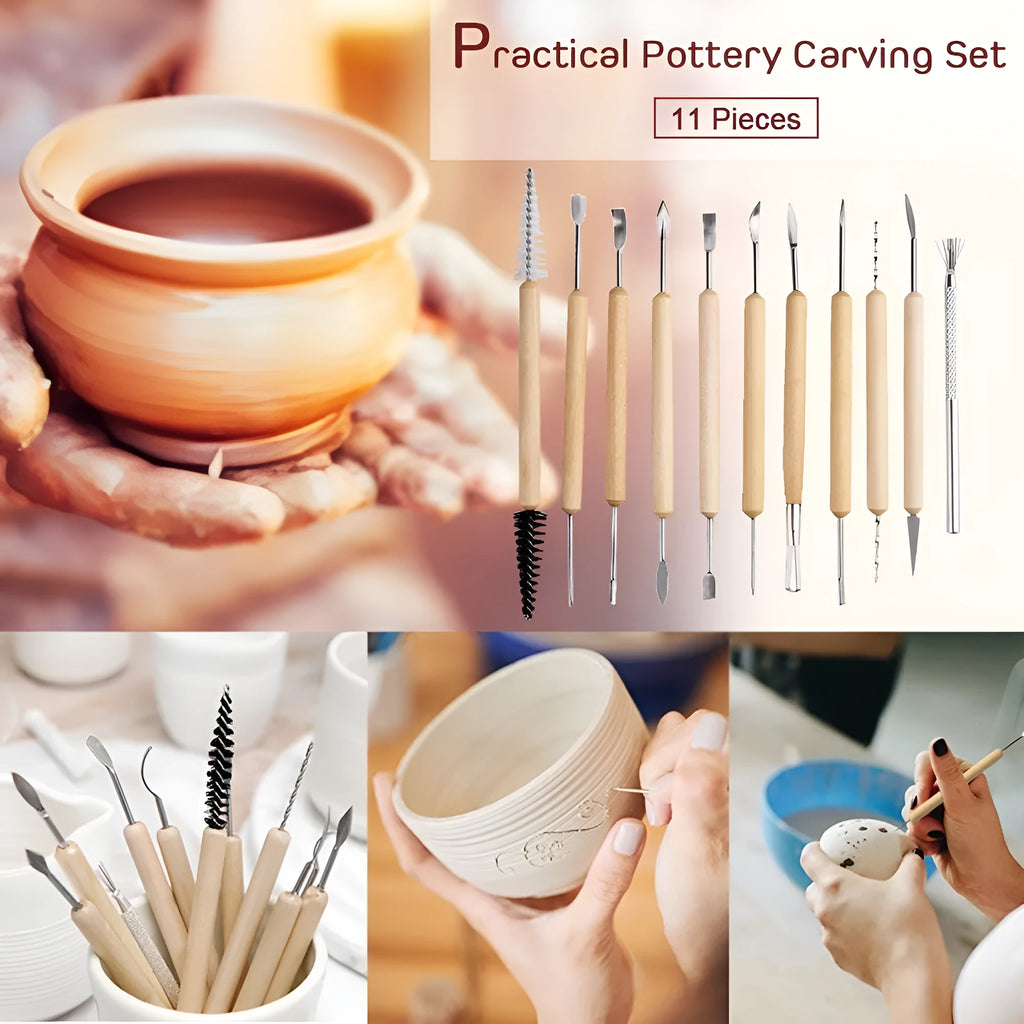 11-piece clay pottery tool set with wooden handles and stainless steel blades