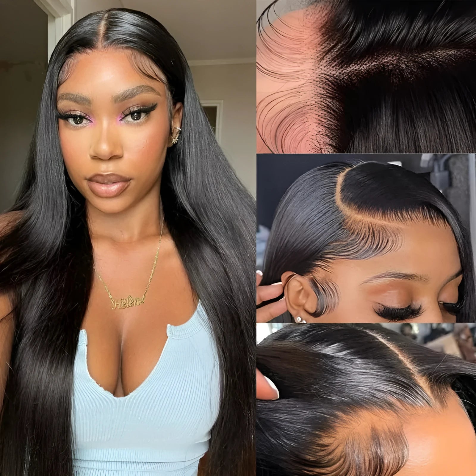 A straight black human hair wig with a 13x6 lace front, shown in a long length option.