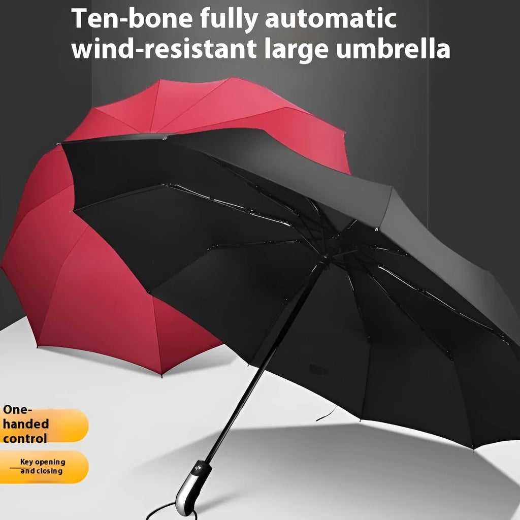 Triple folding automatic black business umbrella with steel ribs and a rubber handle, shown in the open position.