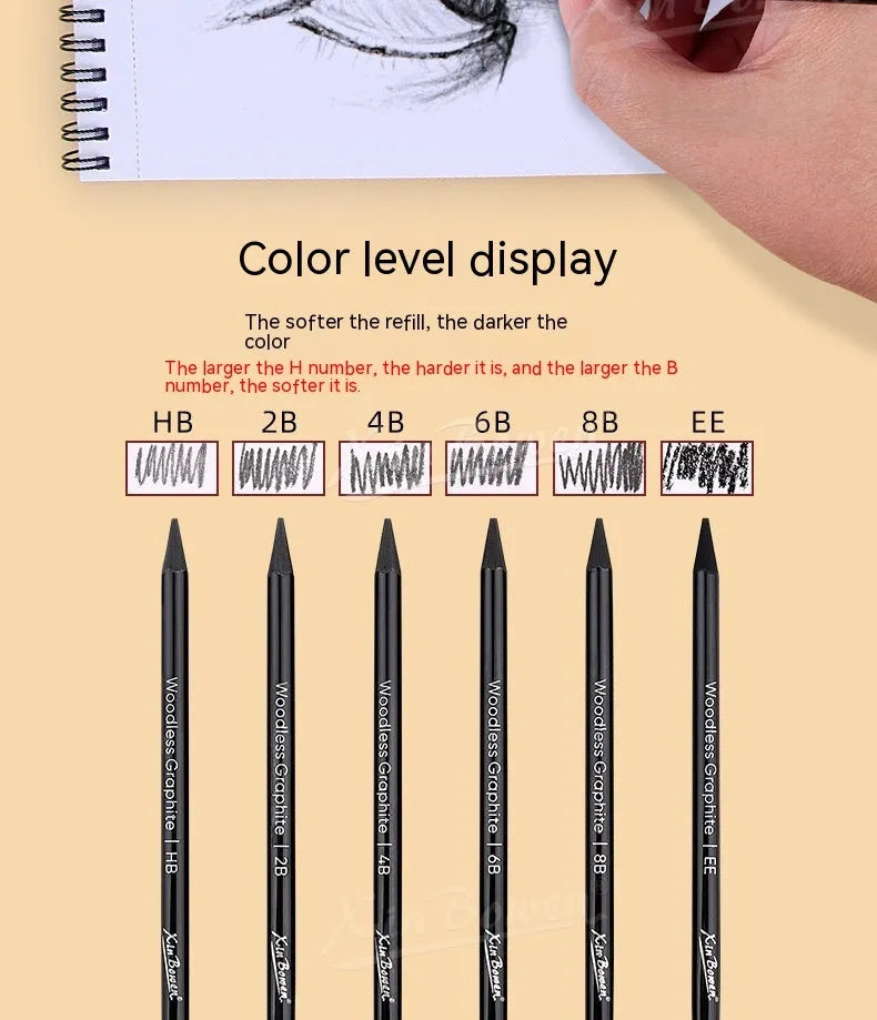 Set of wood-free graphite sketching pencils in six hardness grades for drawing and art