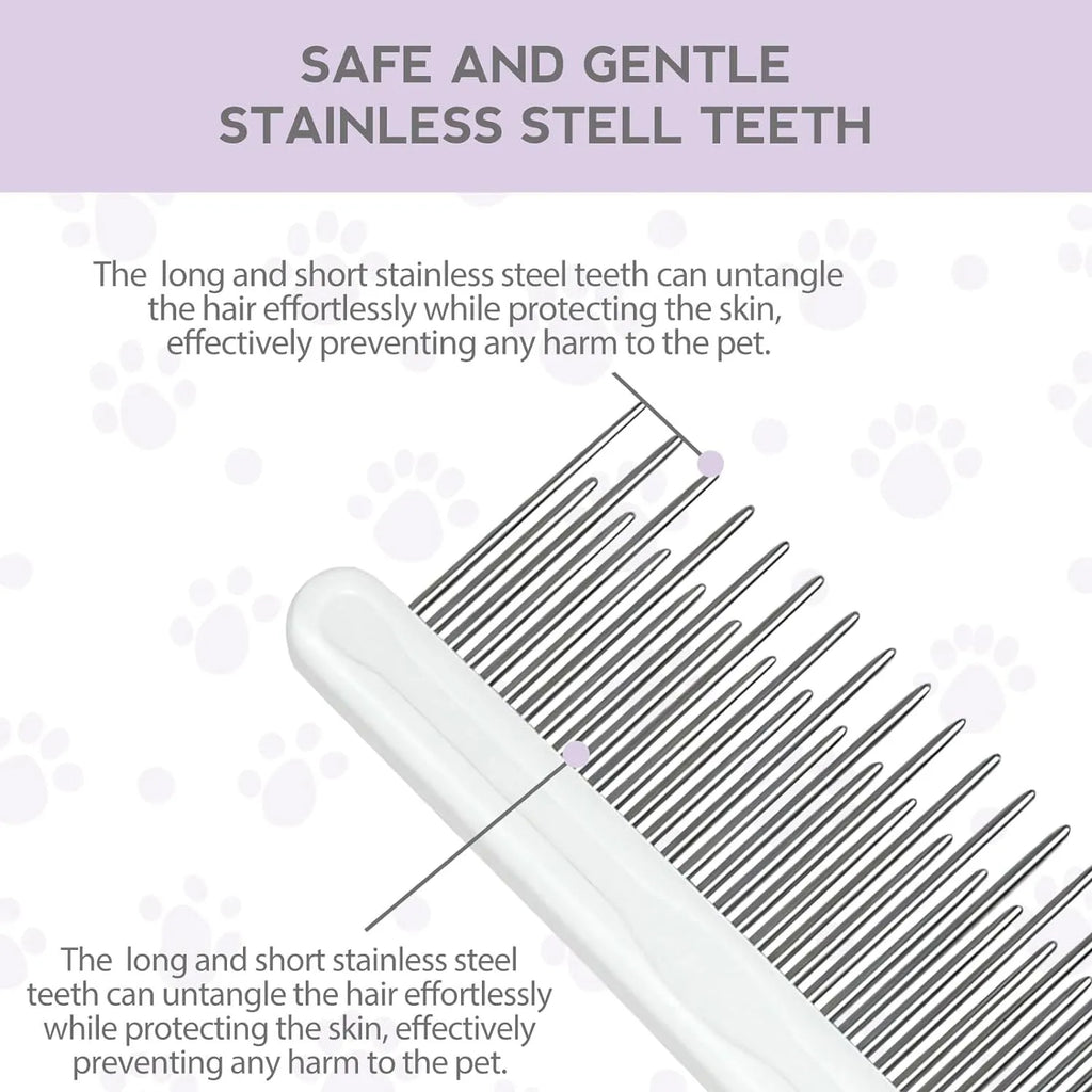 Purple pet grooming comb with stainless steel long and short teeth on an ergonomic handle.
