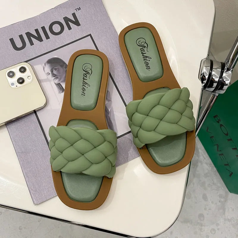 Women's plaid pattern sandals with thick PVC anti-skid sole in white, shown from the side.