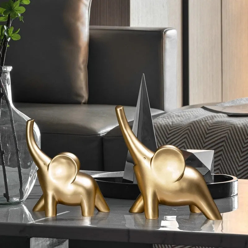 Large rose gold resin elephant ornament with modern simplicity style on a shelf