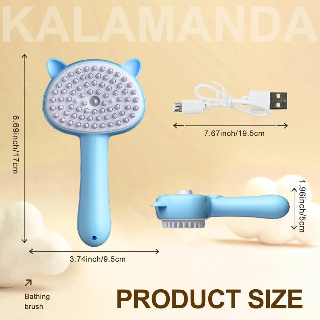 Blue cat steam brush with ergonomic handle and release button for pet grooming