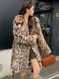 Women's mid-length faux fur coat with detachable fur collar and pockets