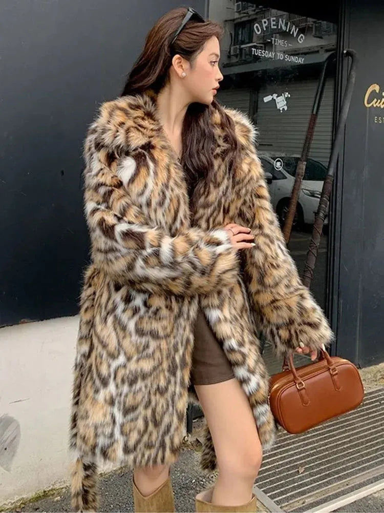 Women's mid-length faux fur coat with detachable fur collar and pockets