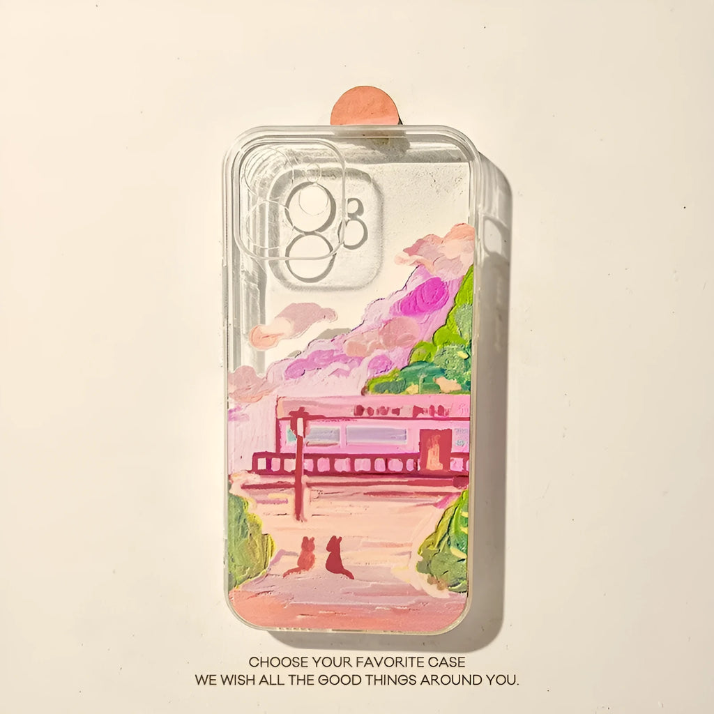Soft silicone mobile phone case with two cat cartoon design on back for various iPhone models.
