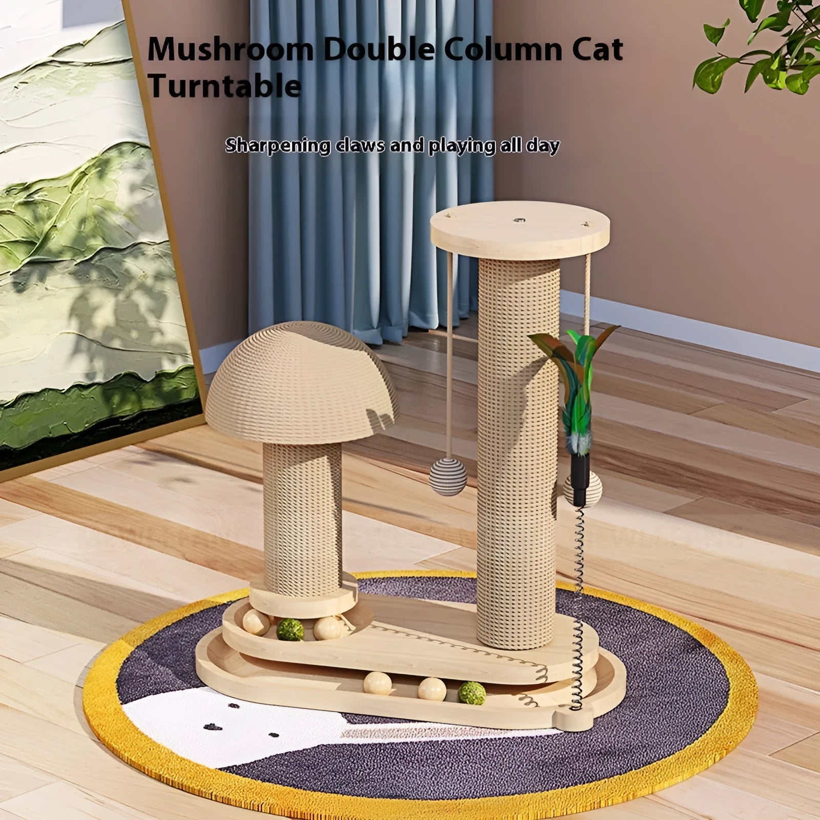 Solid wood cat climbing frame with a central rotating turntable scratching post