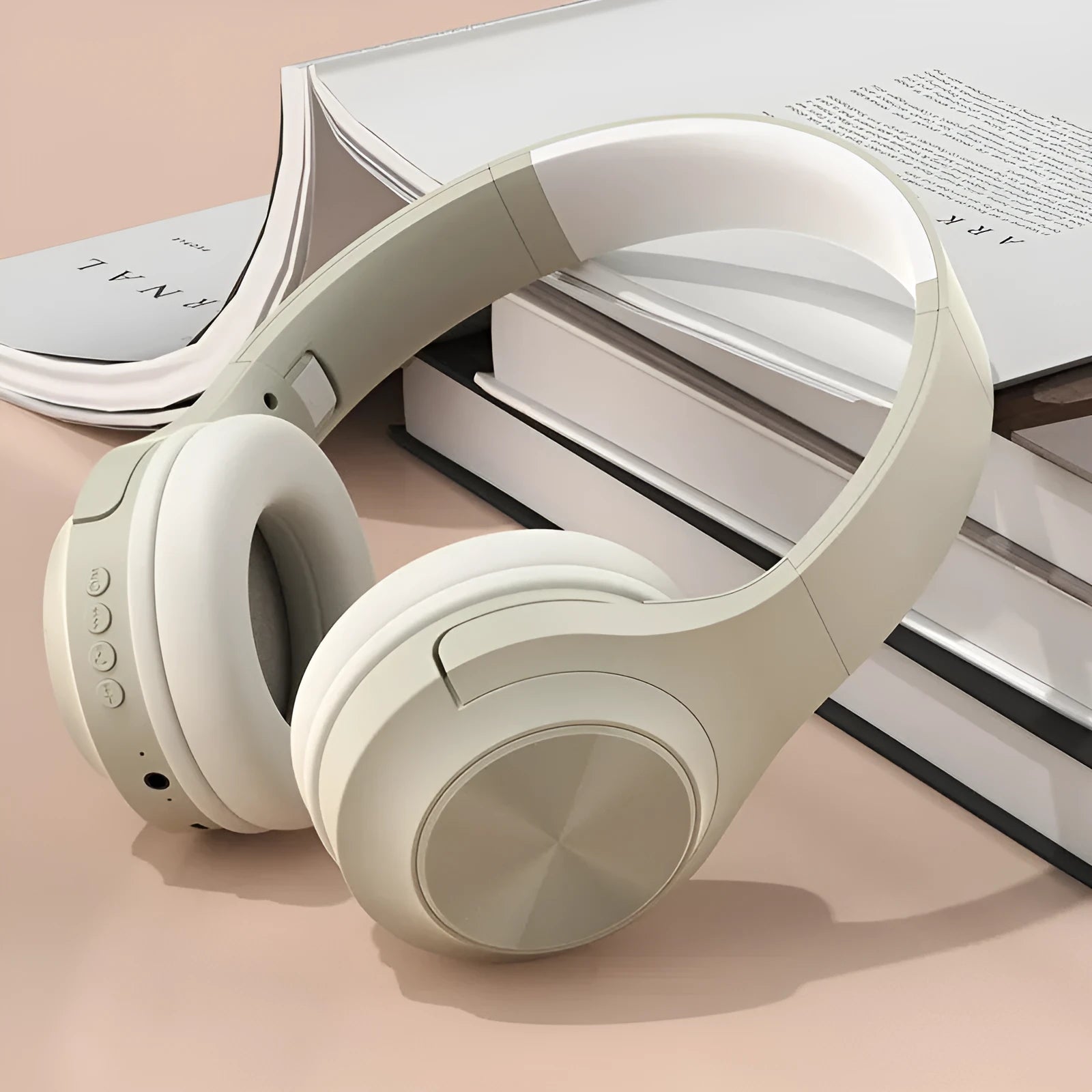Personalized wireless Bluetooth headset with head-mounted design in ivory white, chalk black, and youth green colour options