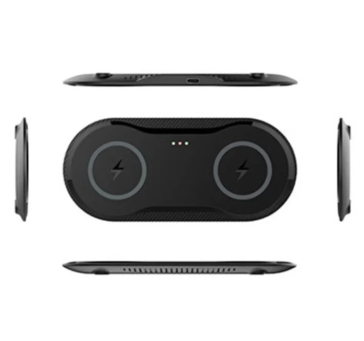Dual wireless charging pad showing two phone charging positions with black or white colour options